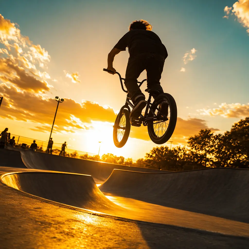 Silhouette of a BMX rider jumping out of a skatepark bowl in warm golden-hour light