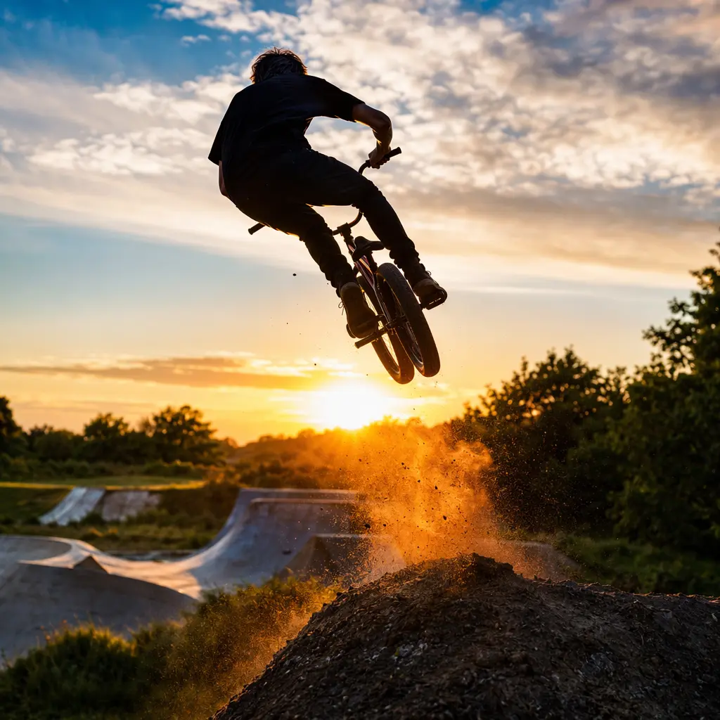 Silhouette of a BMX rider clearing a jump at golden hour