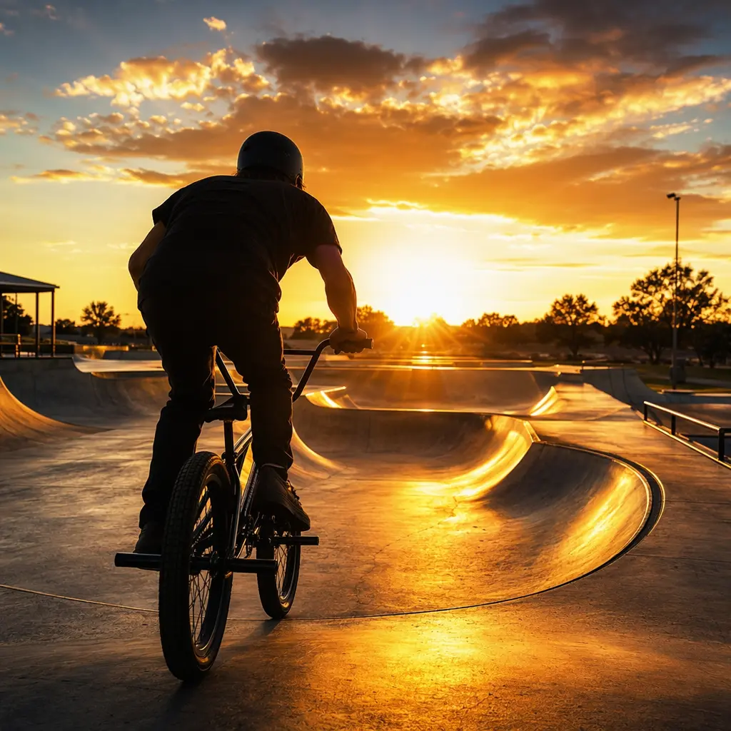 BMX rider silhouetted at a skatepark during golden hour