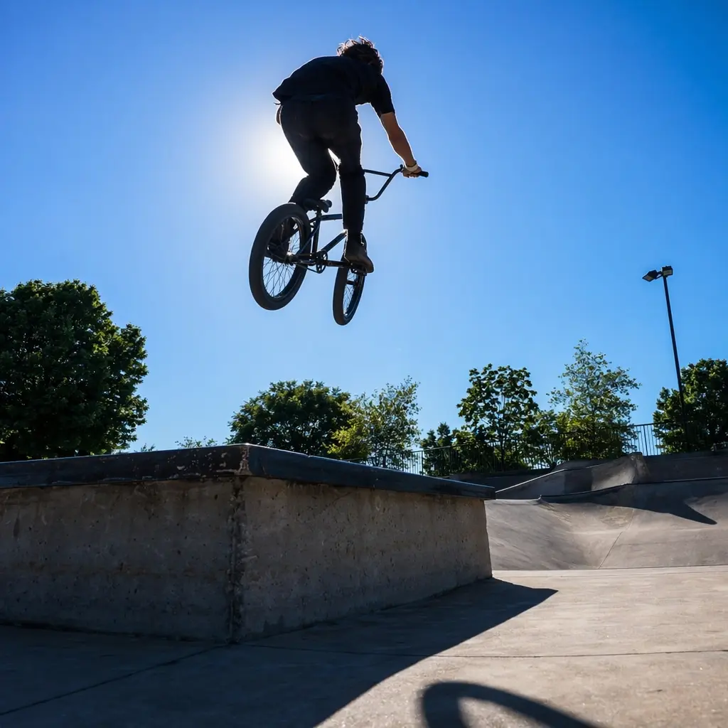 BMX rider practising tricks at a sunny skatepark
