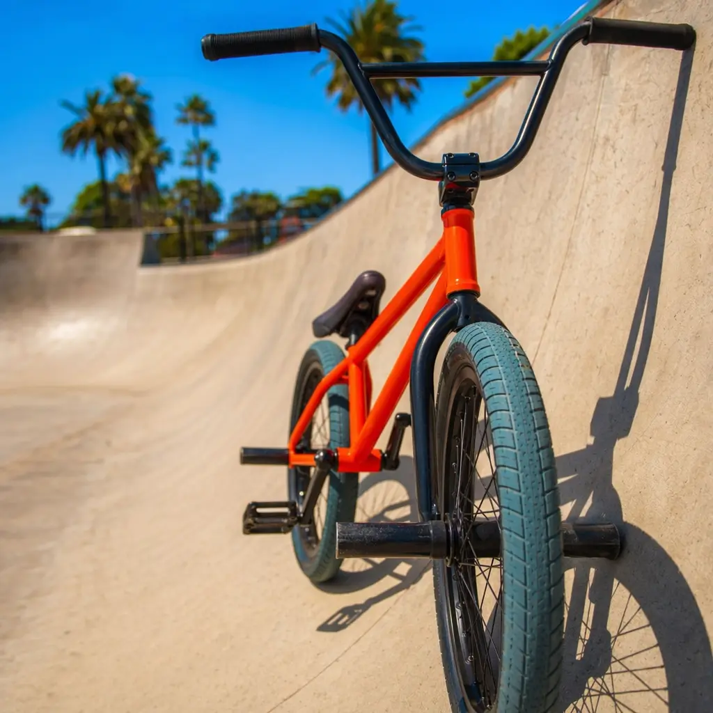 BMX bike at a skatepark in bright summer light