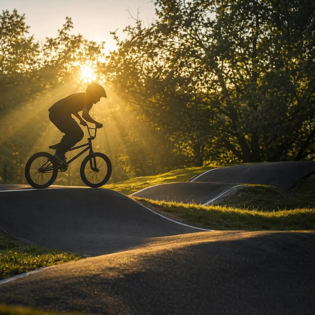 Rider silhouette on a BMX bike at a pump track in warm sunlight