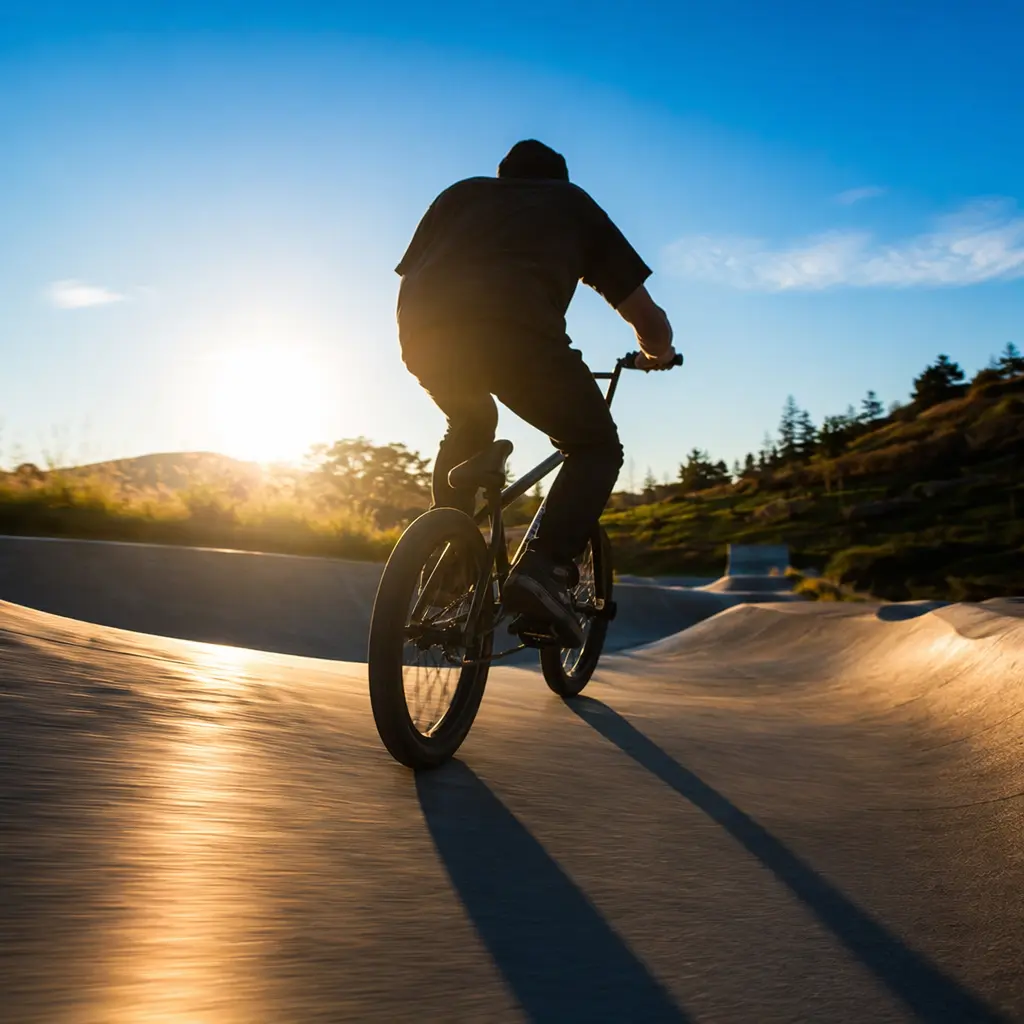 Budget BMX bike on a sunlit pump track with a rider silhouette