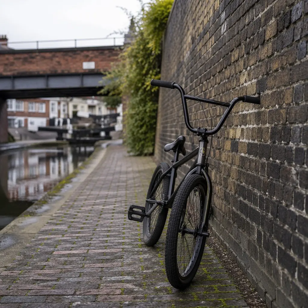 BMX bike resting beside a canal towpath in a UK city