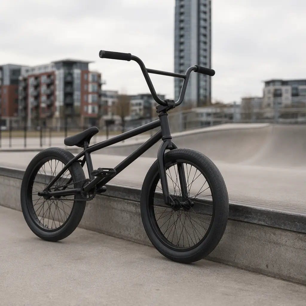 A modern BMX bike photographed in soft light at an urban skatepark