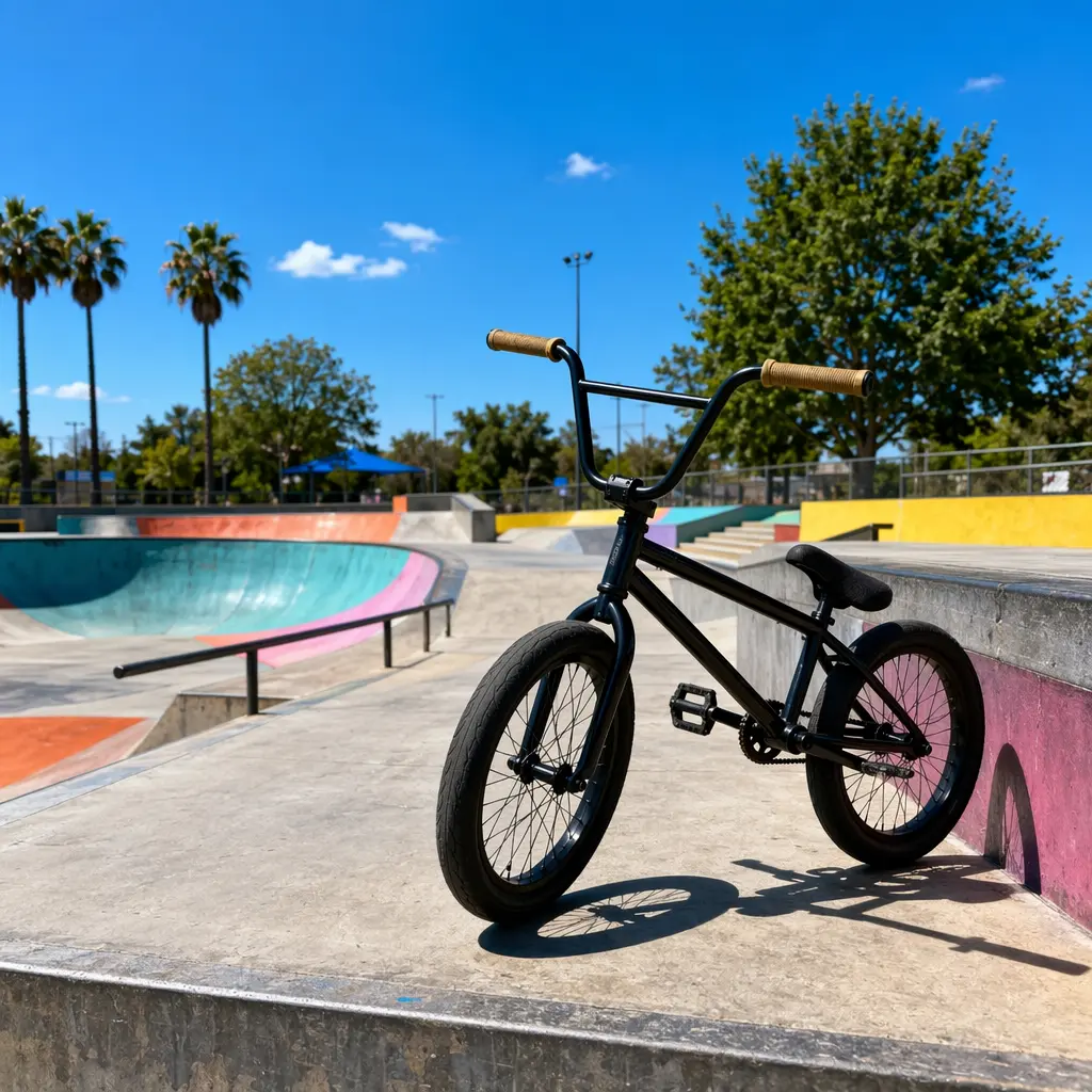 BMX bike beside a sunny concrete skatepark with blue sky