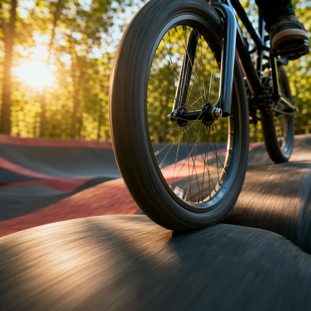 Close-up of a BMX wheel riding a pump track in warm sunlight
