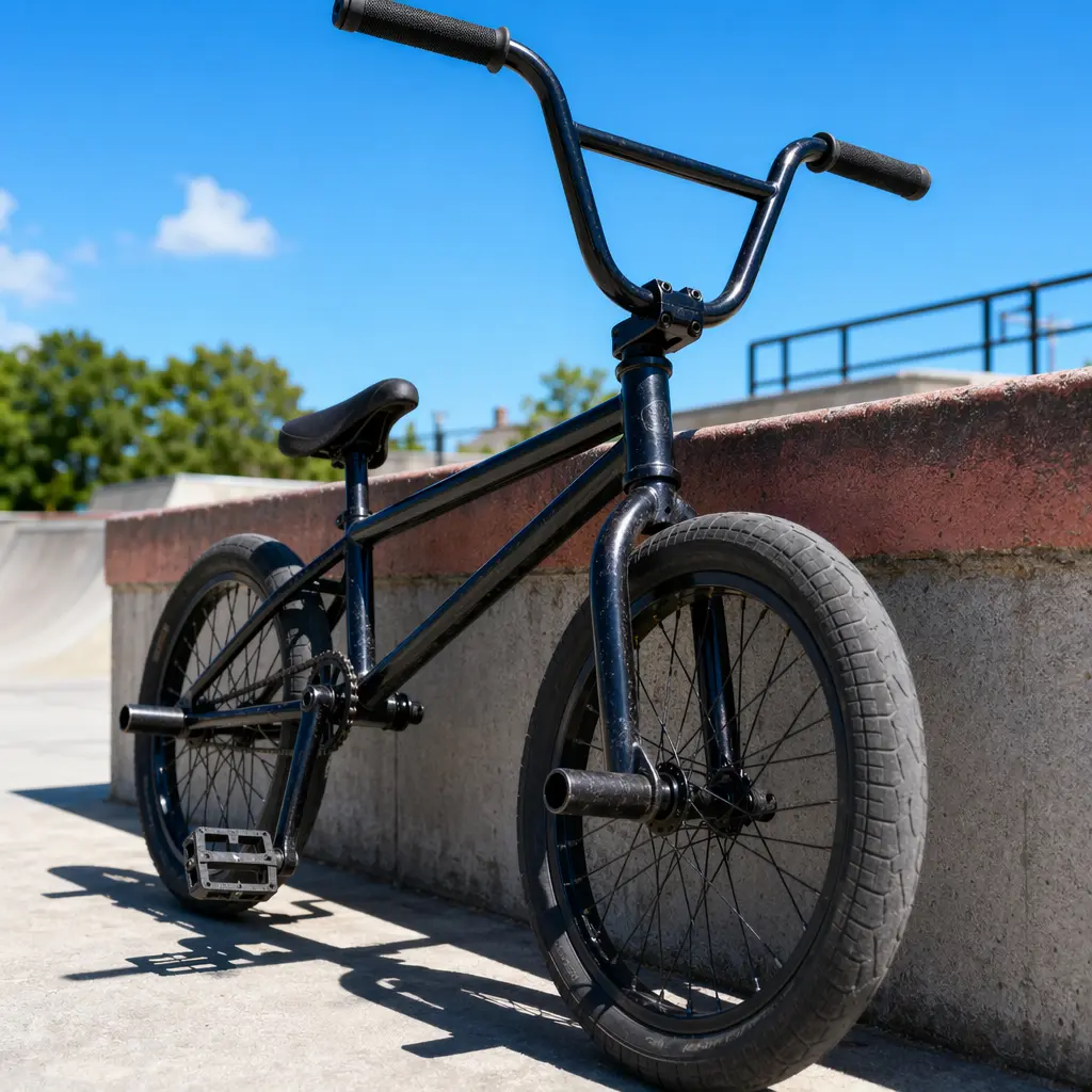 Entry-level BMX bike in bright summer light at a skatepark