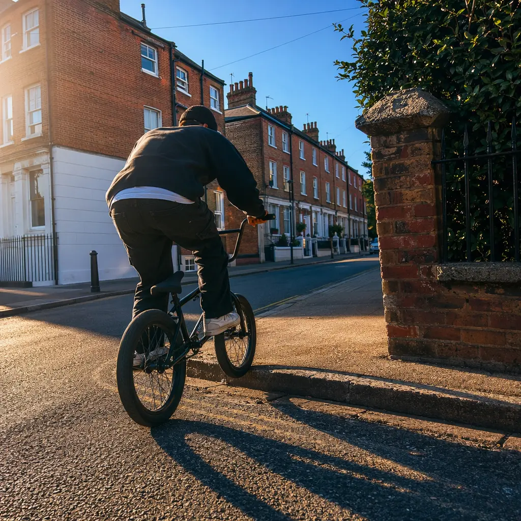 BMX rider silhouette on a sunlit urban street