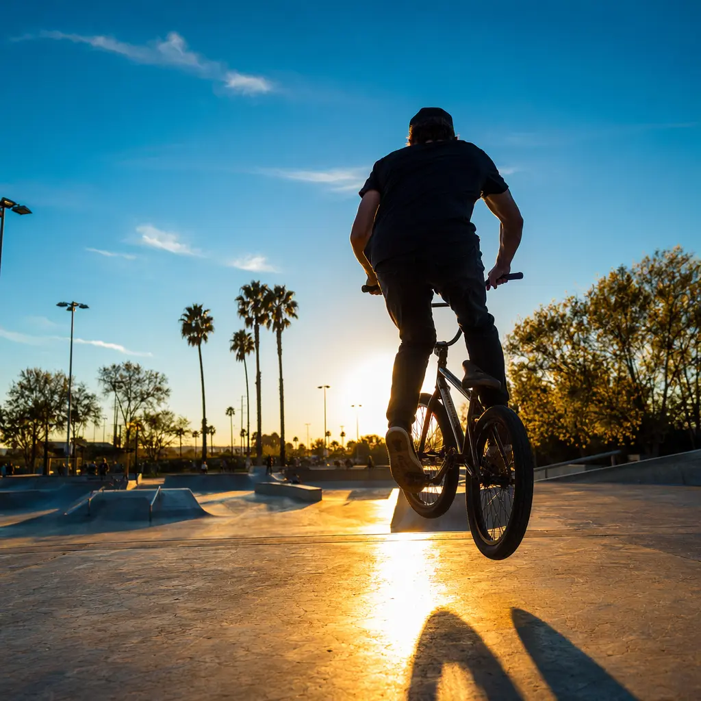 Budget BMX bike at a sunlit skatepark with a rider silhouette from behind