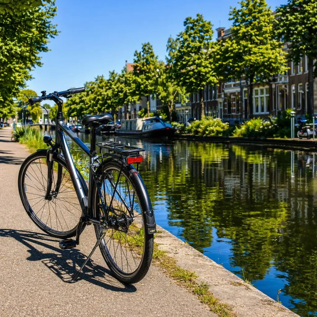 Commuter bike beside a canal towpath under a bright blue sky