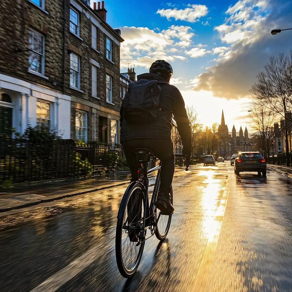 Commuter bike in use on a sunlit UK city street with reflective wet tarmac
