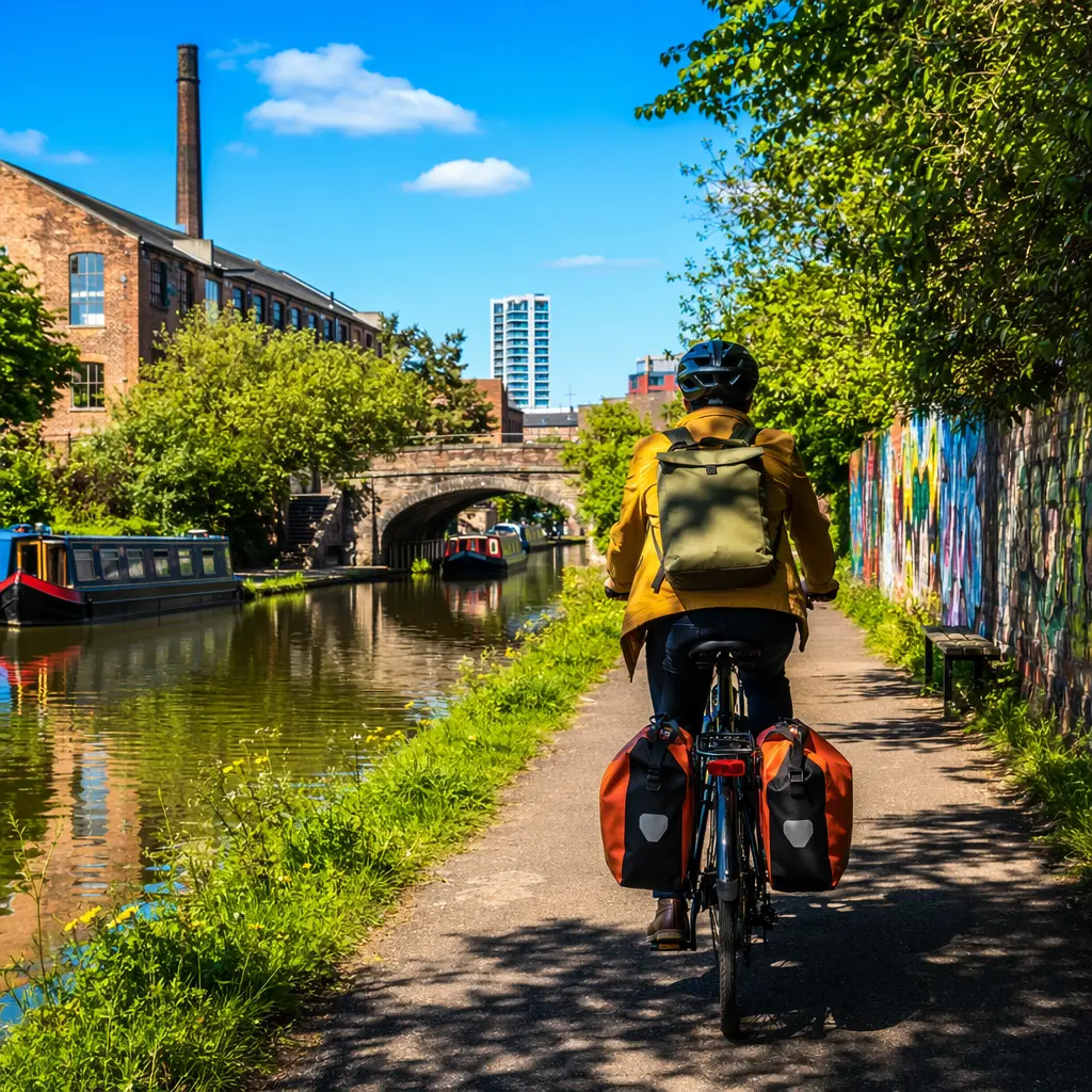 A commuter bike being ridden along a sunny canal towpath with panniers