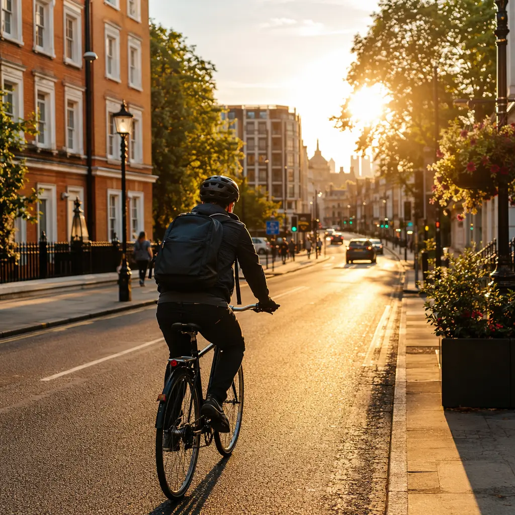 A commuter bike being ridden along a sunlit UK city street at golden hour