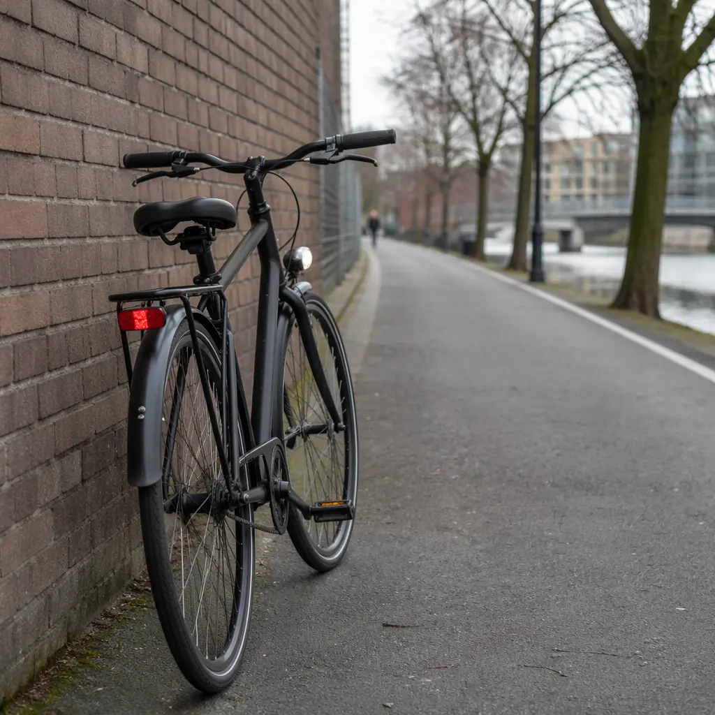City-ready commuter bike with mudguards and lights on an urban cycle path