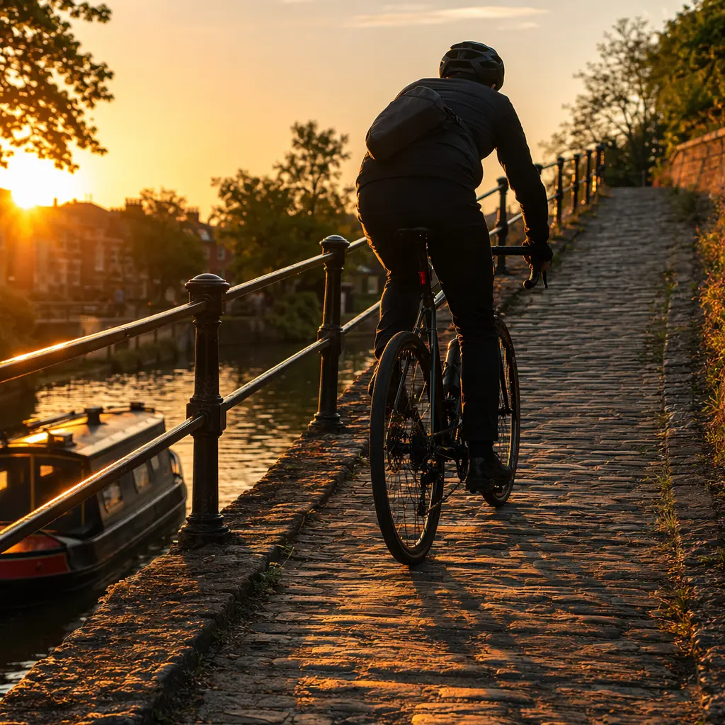 Commuter bike tackling a steep towpath incline at golden hour