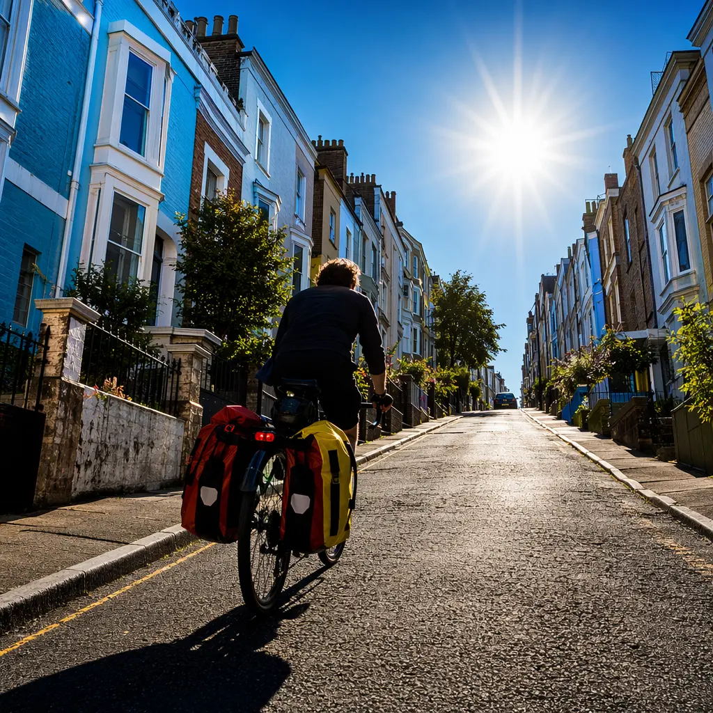 Commuter bike climbing a steep city hill in bright sunshine