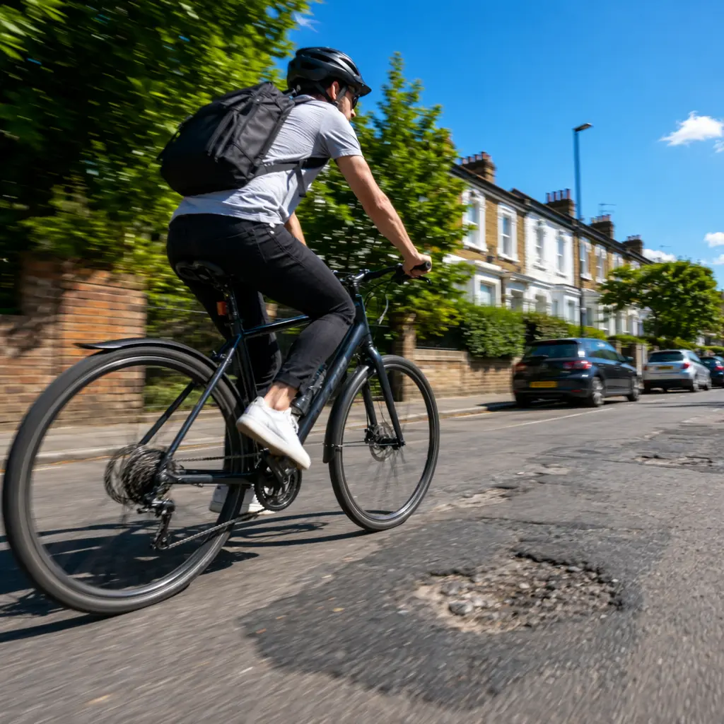 Budget commuter bike rolling over patched urban tarmac in bright daylight