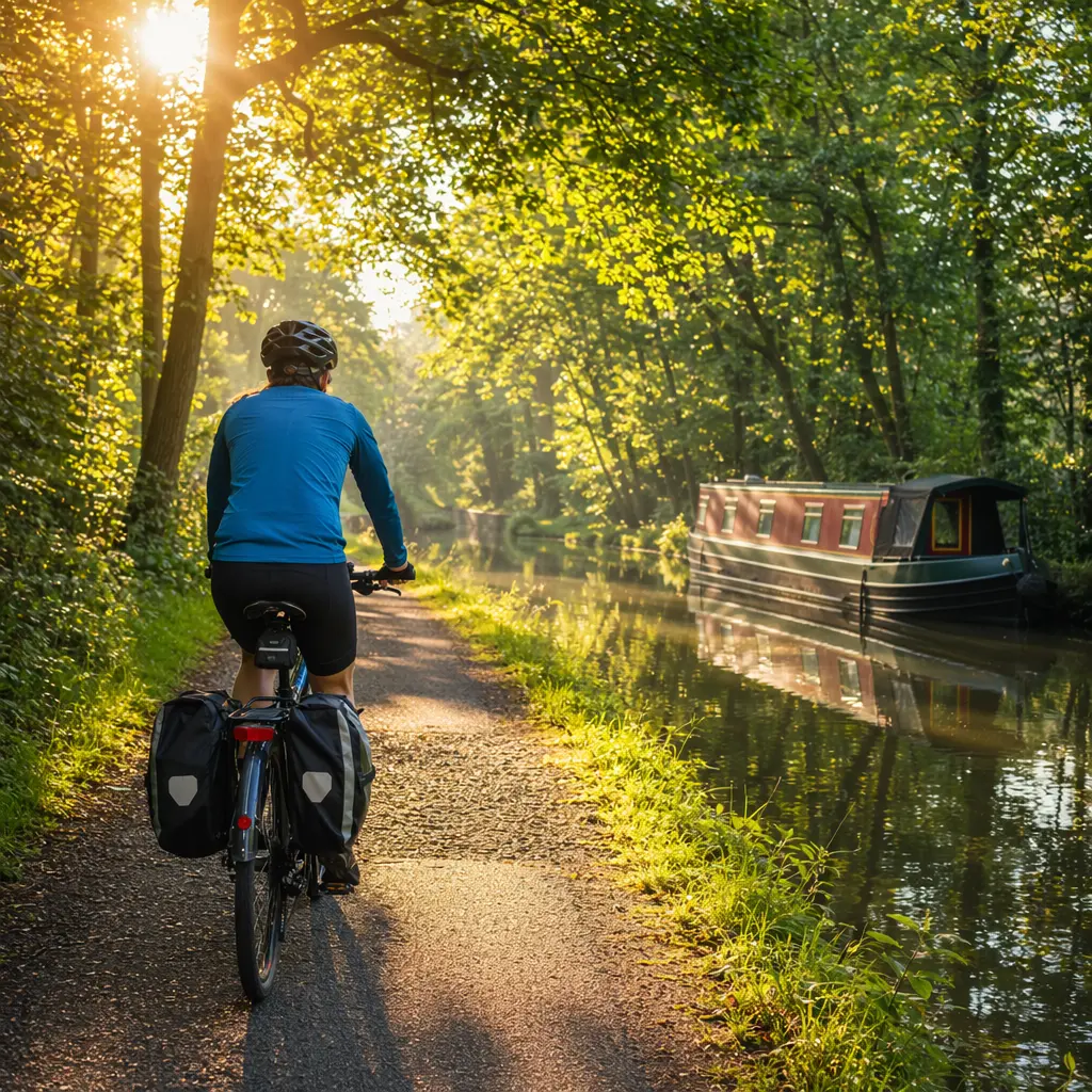 Commuter bike on a mixed-surface towpath in warm morning light