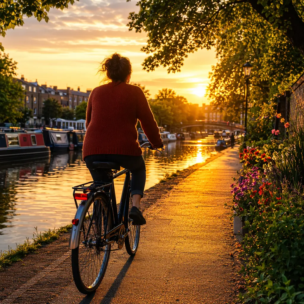 Commuter bike with mudguards riding along a canal towpath in warm evening light