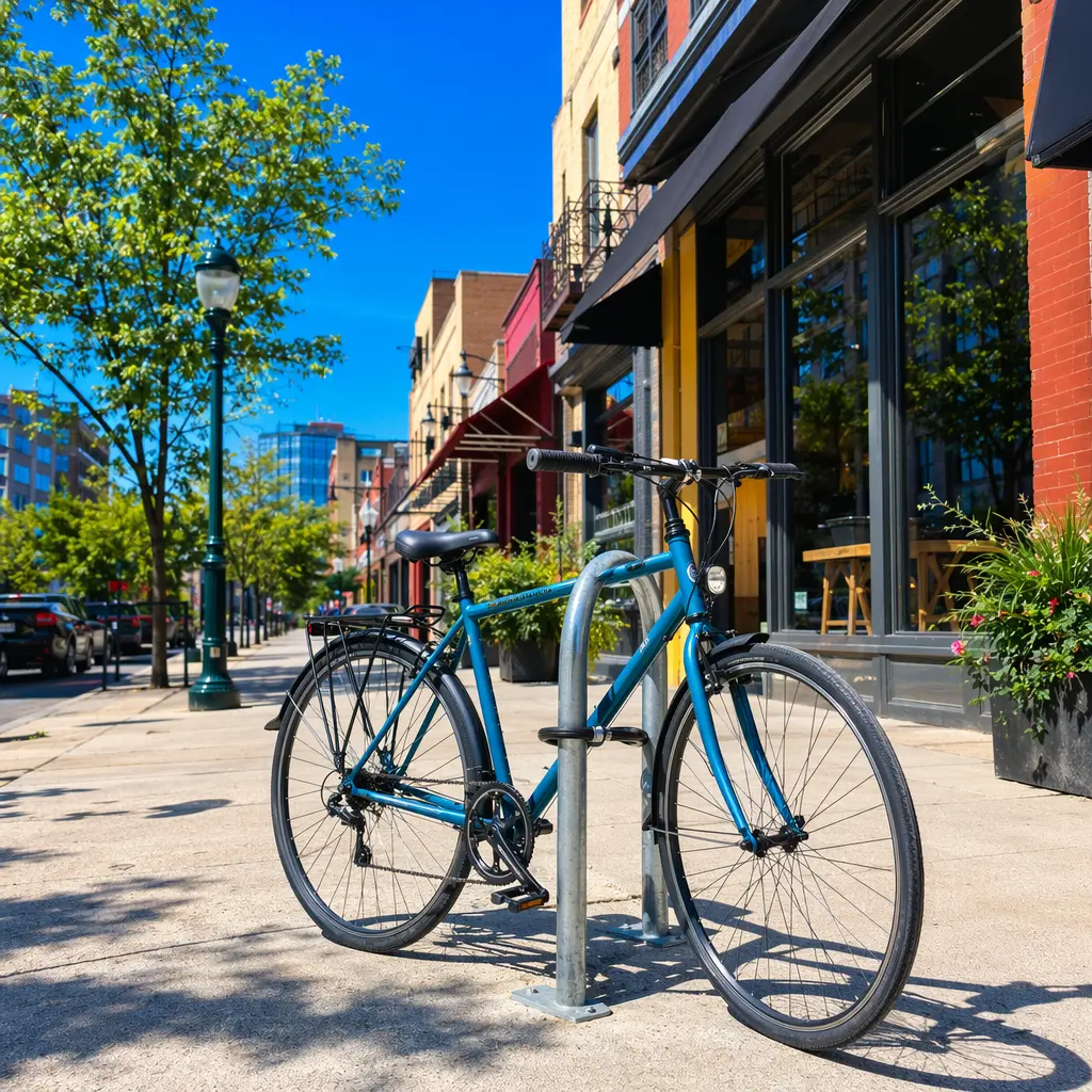 Affordable commuter bike locked up in a sunny city centre