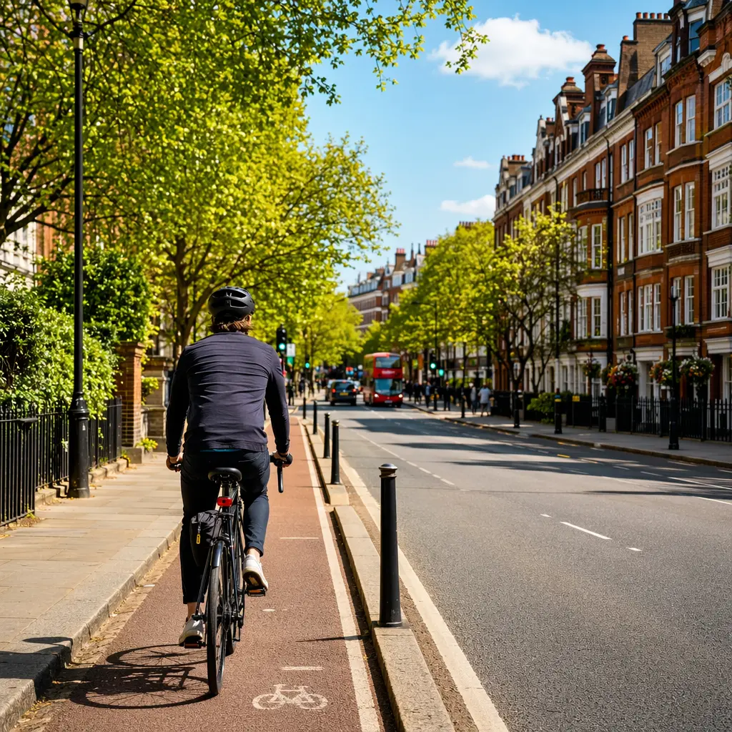 Budget commuter bike being ridden along a sunny UK city street