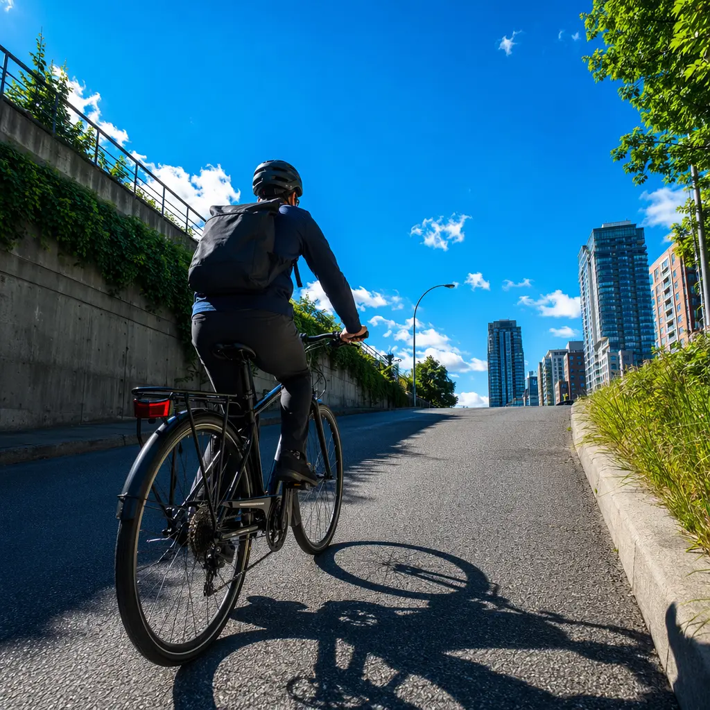 Commuter bike climbing a steep hill in bright summer conditions
