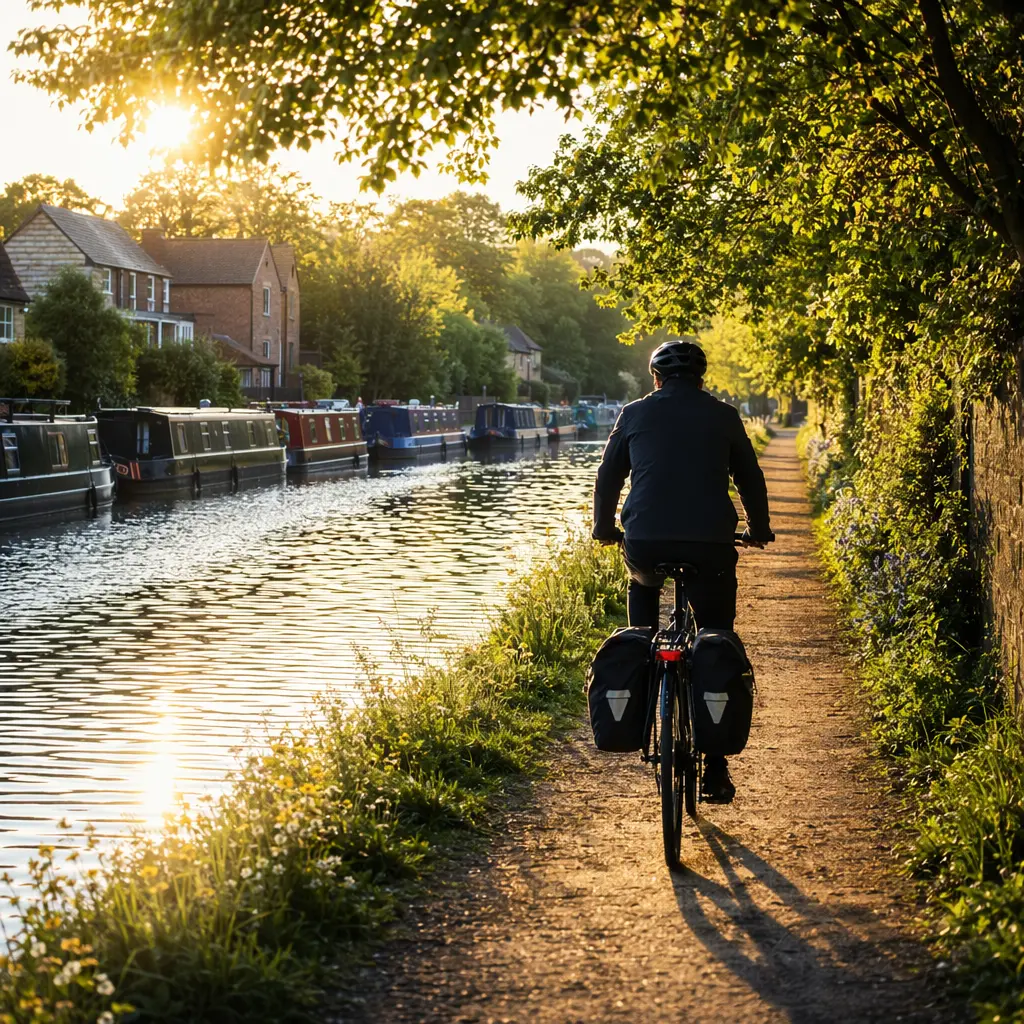 Loaded commuter bike riding along a canal path in warm morning light