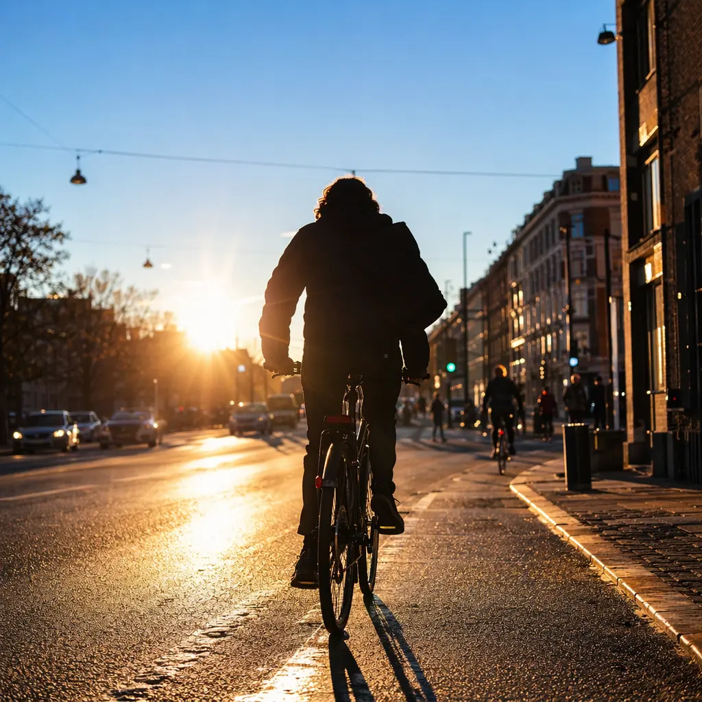 Commuter bike riding into warm golden-hour light on a bright city street
