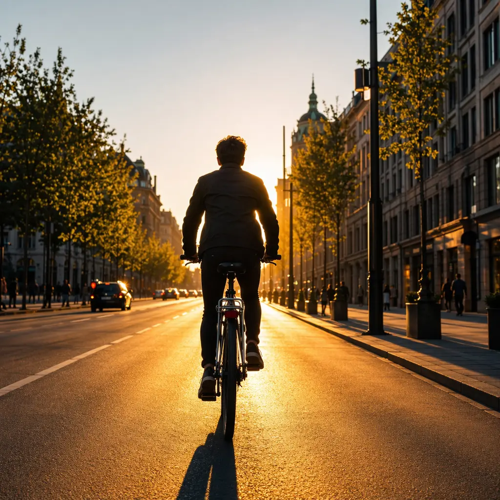 Silhouette of a cyclist commuting through a city street at golden hour