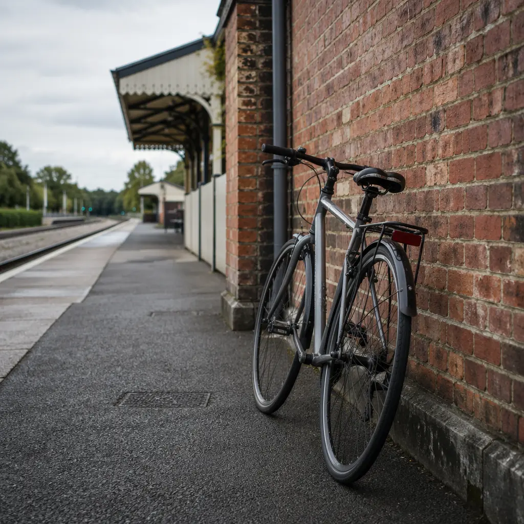 Commuter bike parked near a UK railway station
