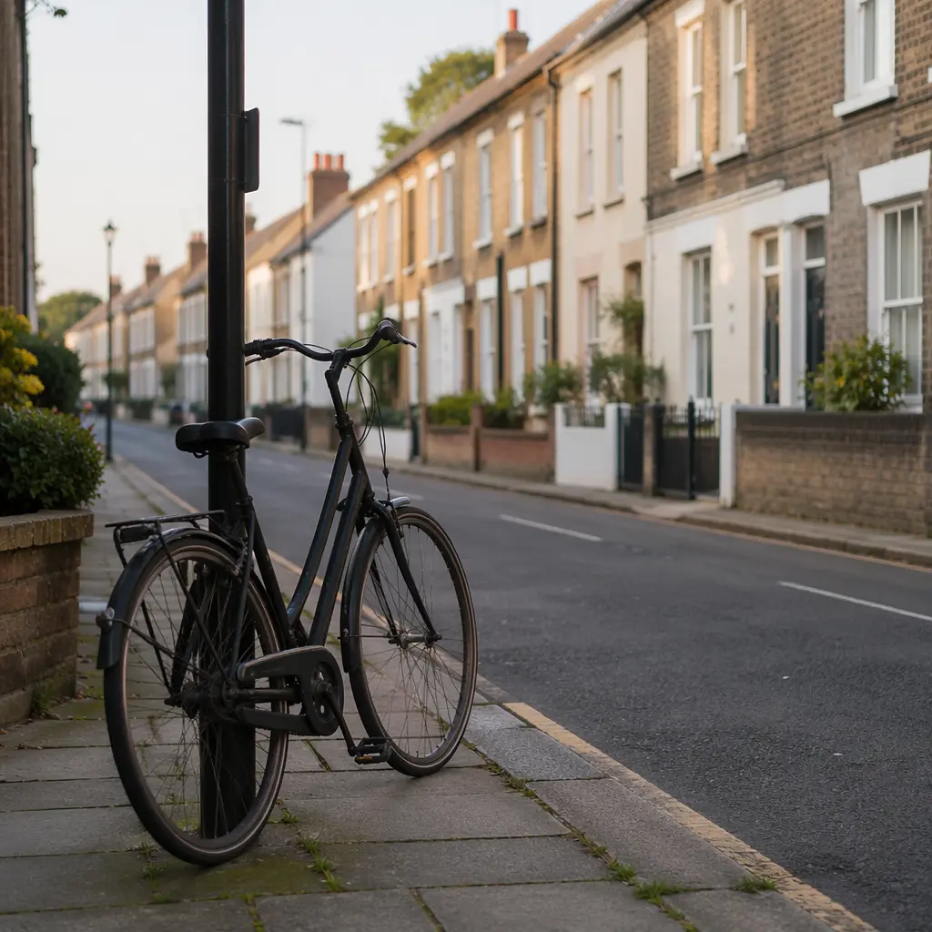 Budget commuter bicycle on a quiet UK residential street