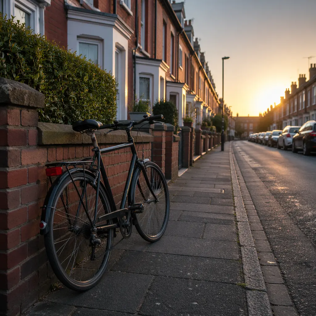 A simple commuter bike parked on a quiet UK residential street