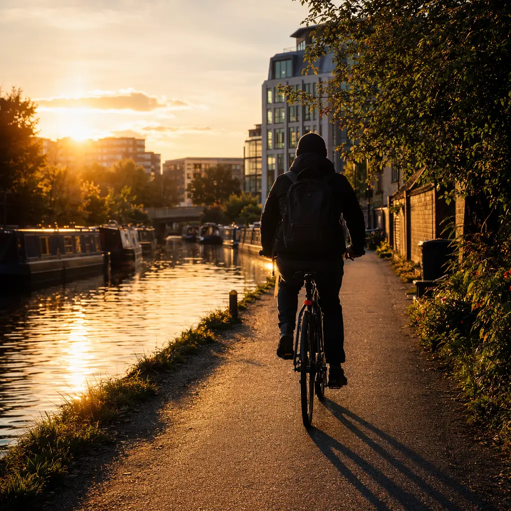 A commuter bike ridden along a canal towpath in warm golden-hour light