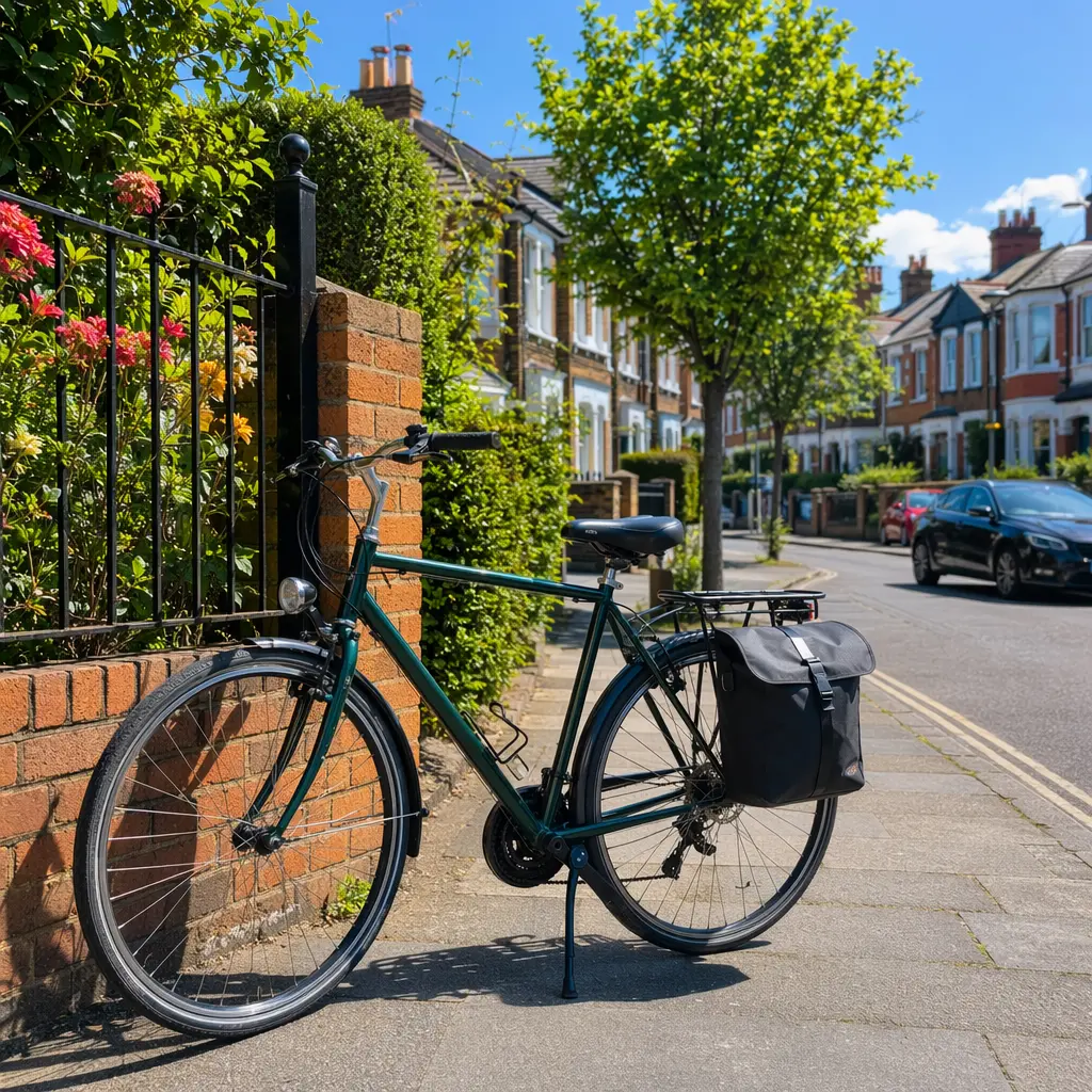 A simple commuter bike parked on a bright residential street in the UK