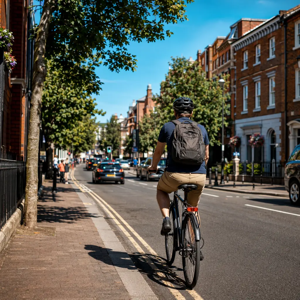 A budget commuter bike being ridden along a bright, sunlit UK city street