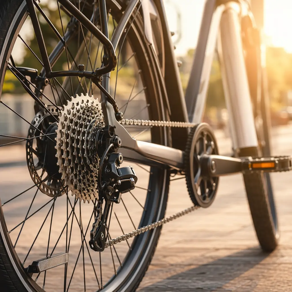 Close-up of simple, durable commuter bike components in warm sunlight