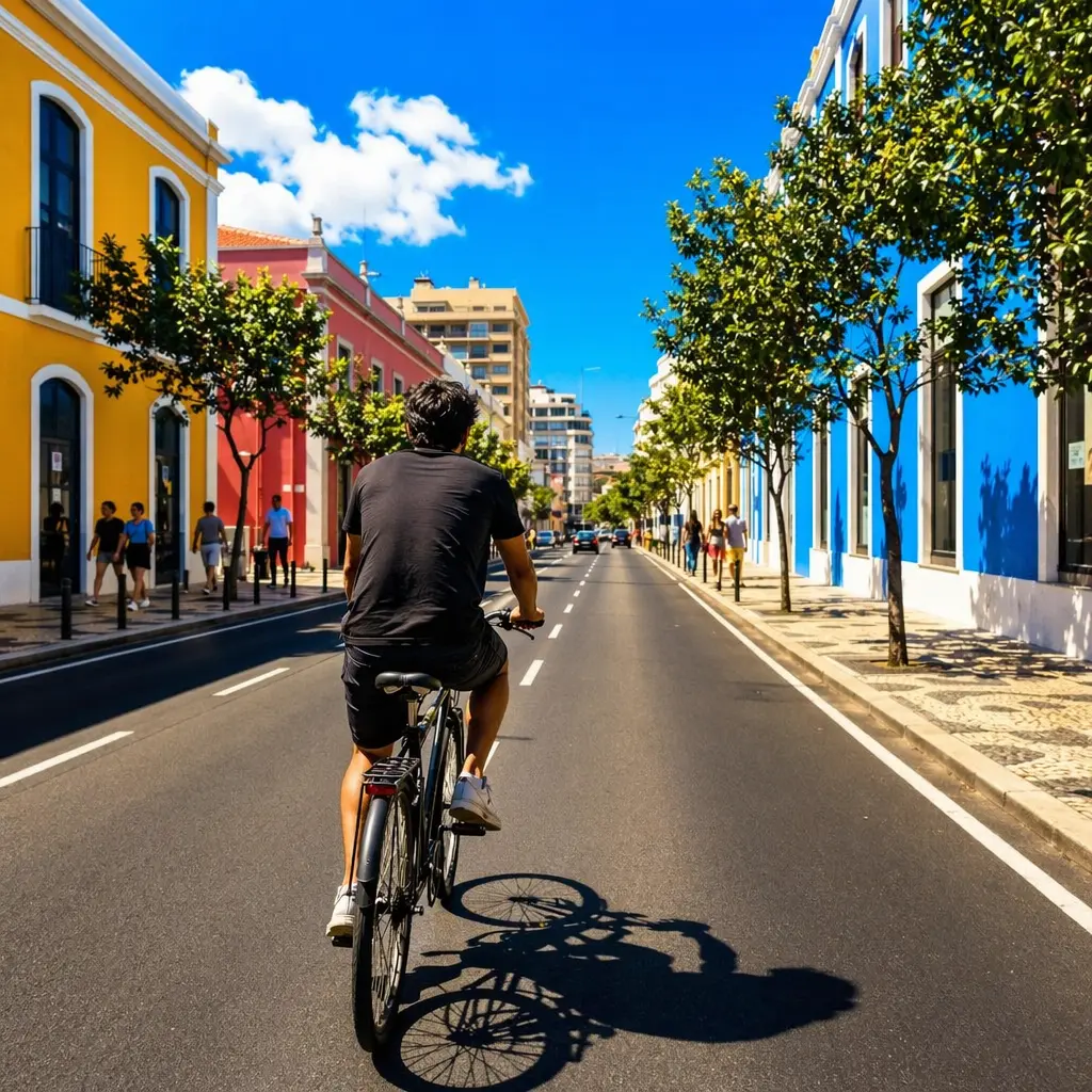 Commuter cycling through a sunny city street on a simple, practical bike