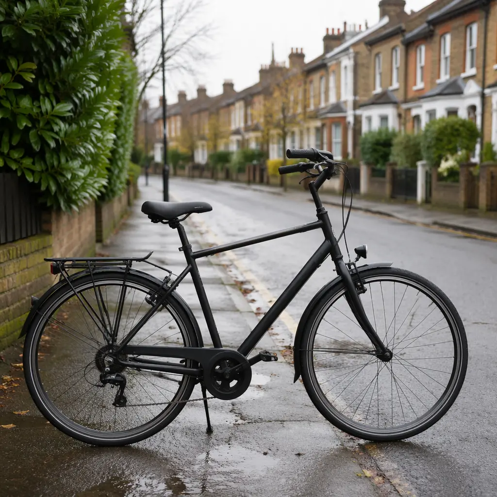 Commuter bike with mudguards and rear rack on a UK street