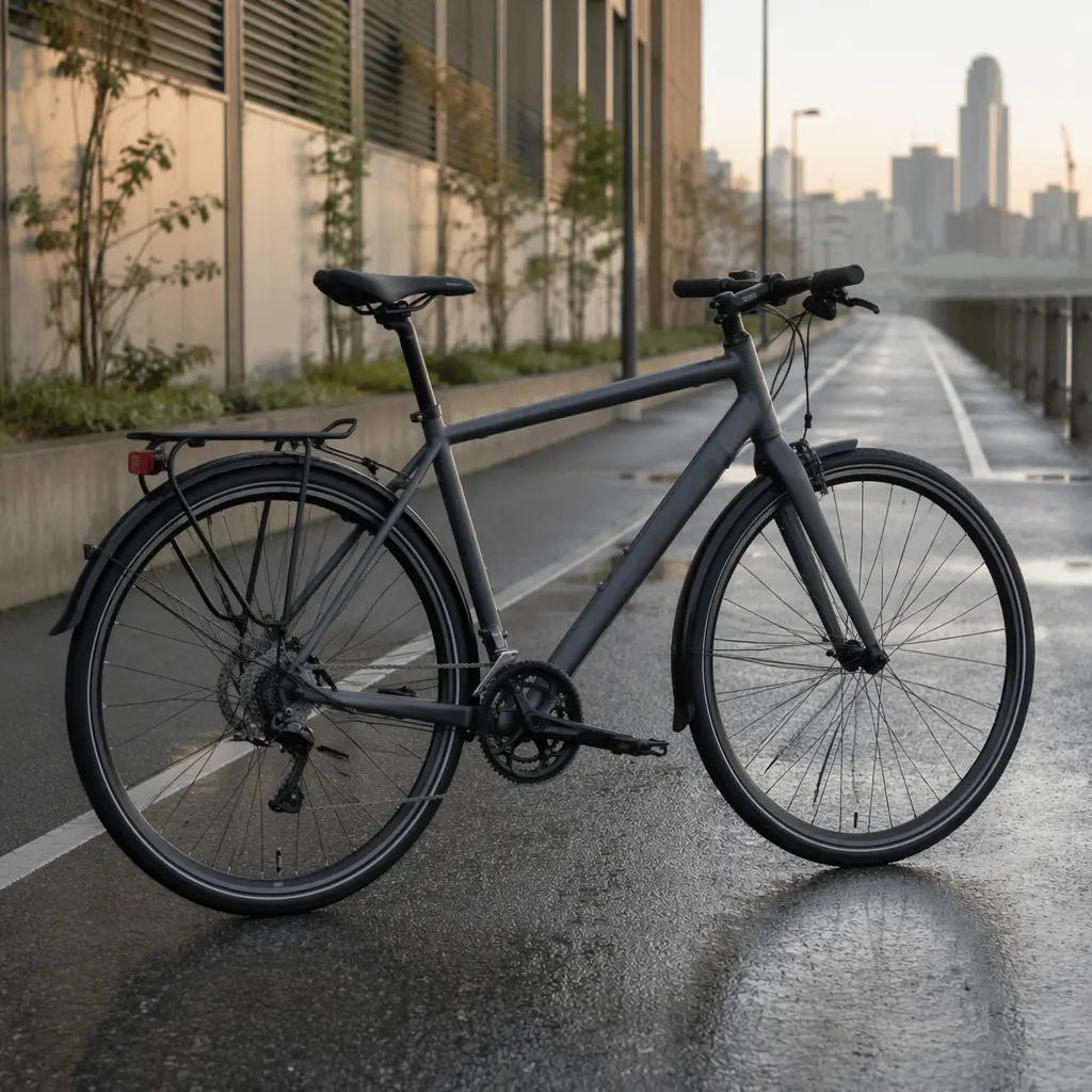 A clean, modern commuter bike on a UK cycle path in soft natural light