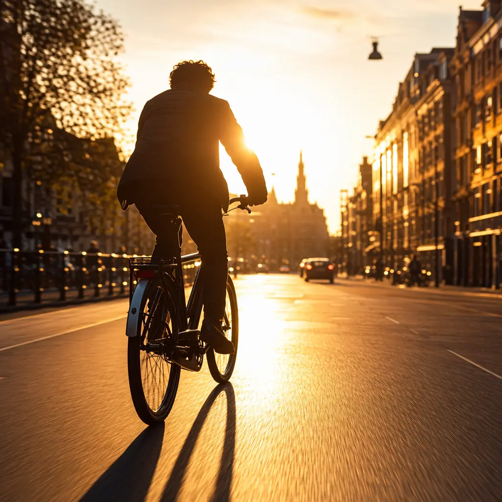 Commuter cyclist riding through a sunlit UK street at golden hour