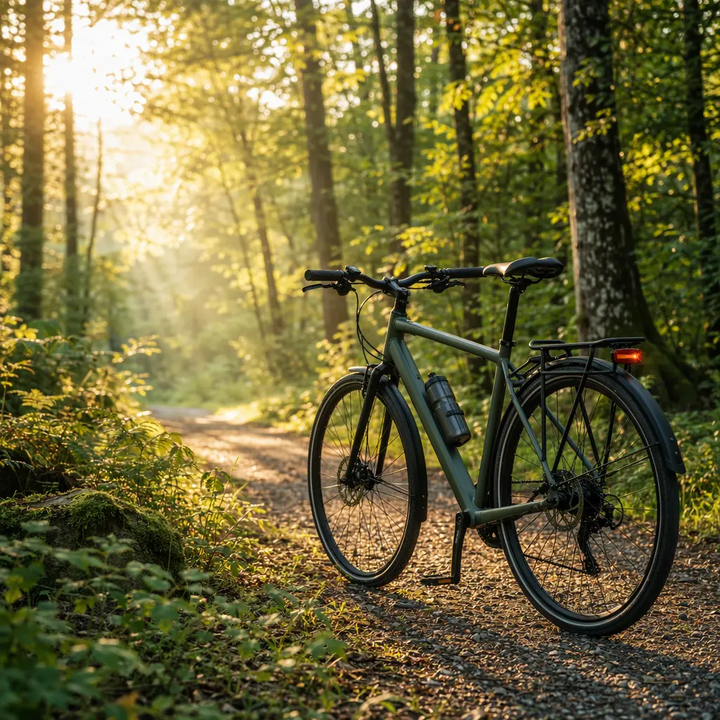 Hybrid commuter bike on a woodland path in warm sunlight
