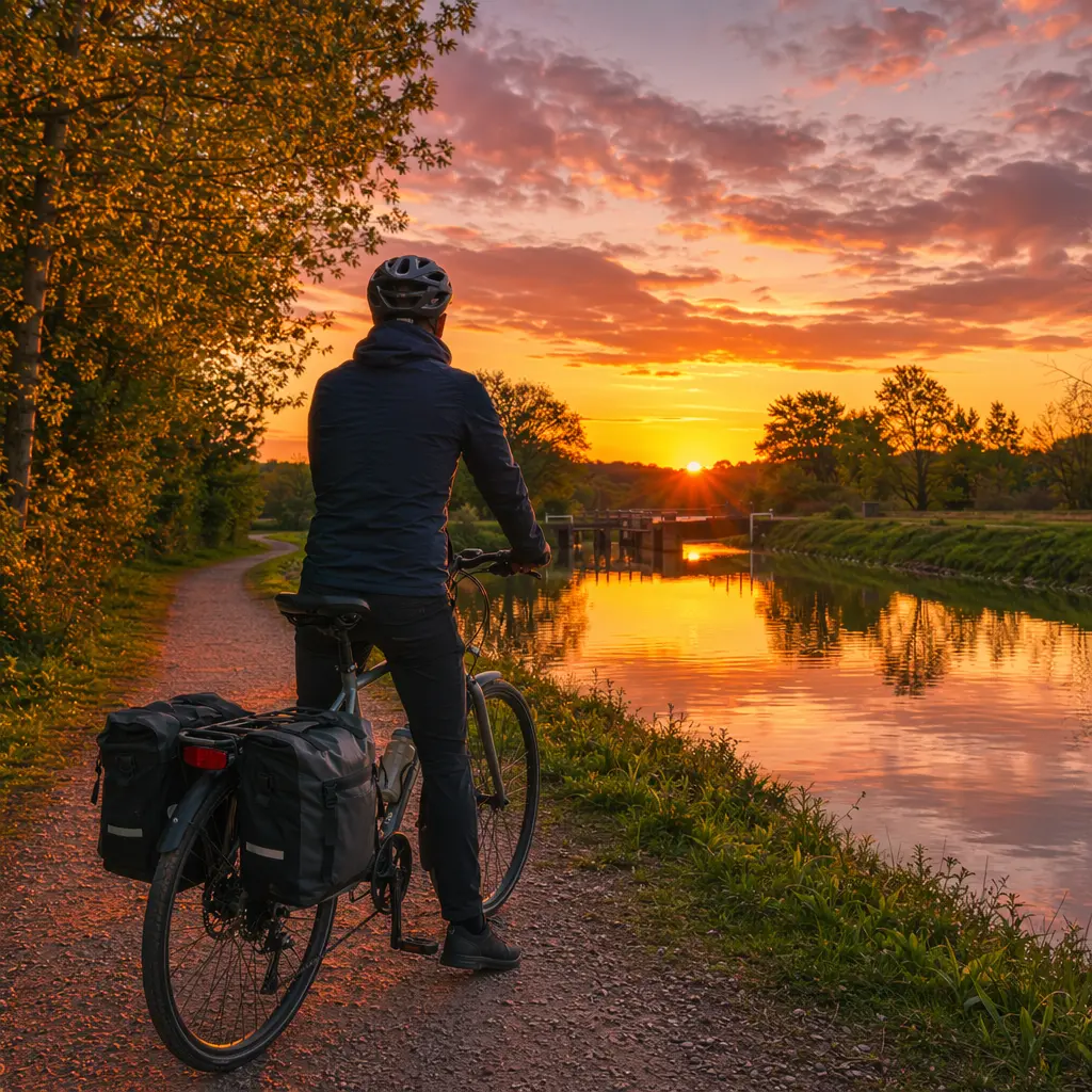 A commuter bike with panniers on a canal towpath in warm golden-hour light.