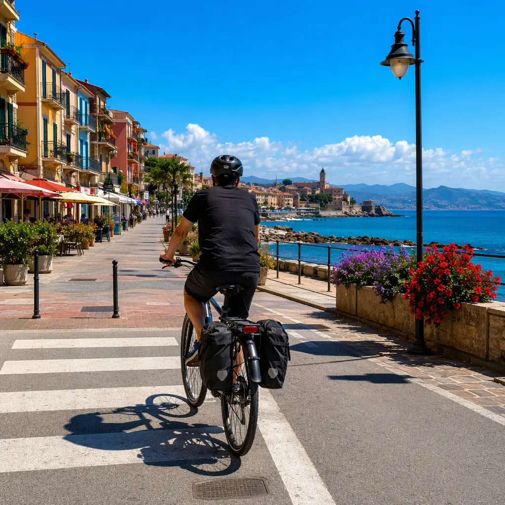 A commuter bike with panniers riding along a bright seafront promenade under a blue sky.