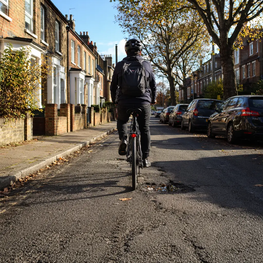 A commuter bike riding along a sunlit UK street with patched tarmac, shown in lively daytime light.