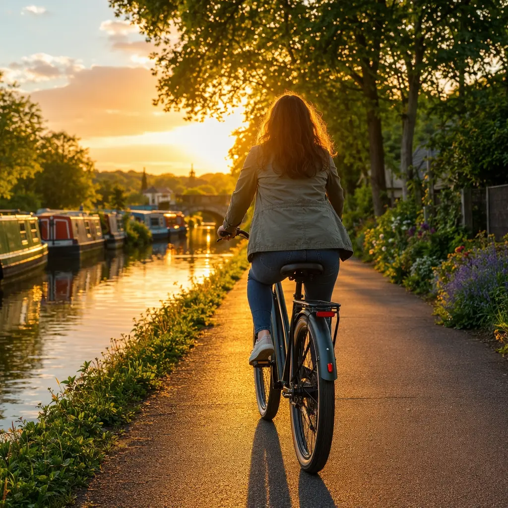 Upright commuter bike being ridden comfortably along a canal towpath in warm evening light