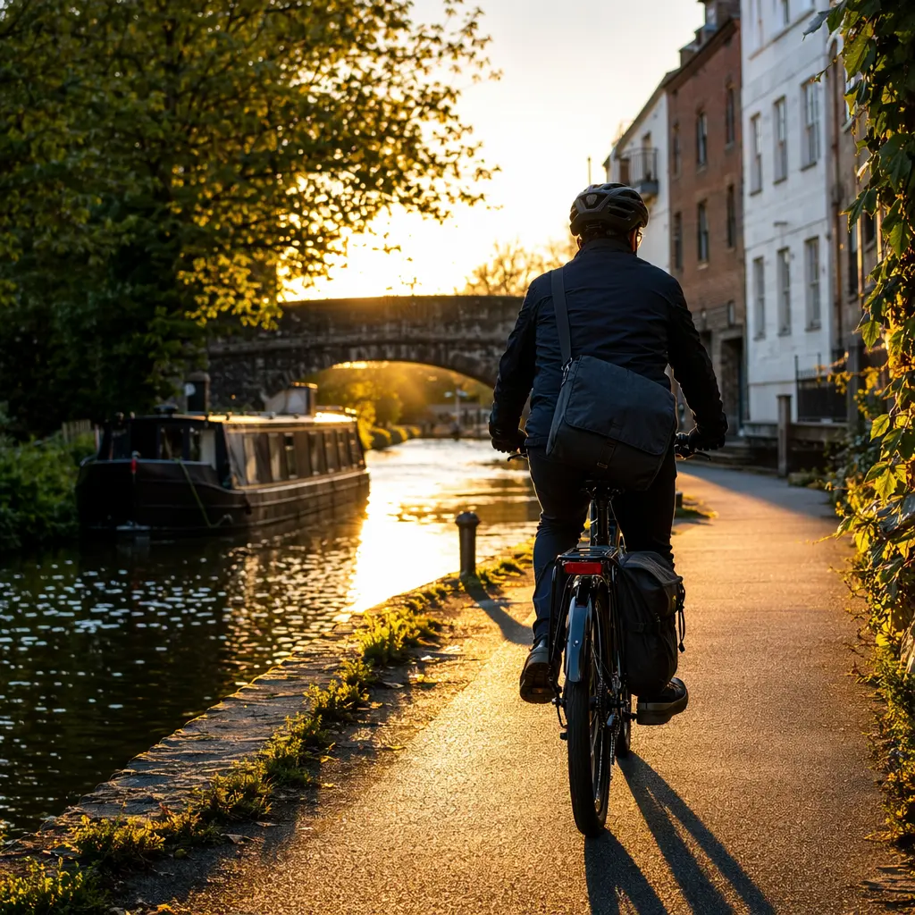 Low-maintenance commuter bike with mudguards and rack ridden along a canal path in warm evening light
