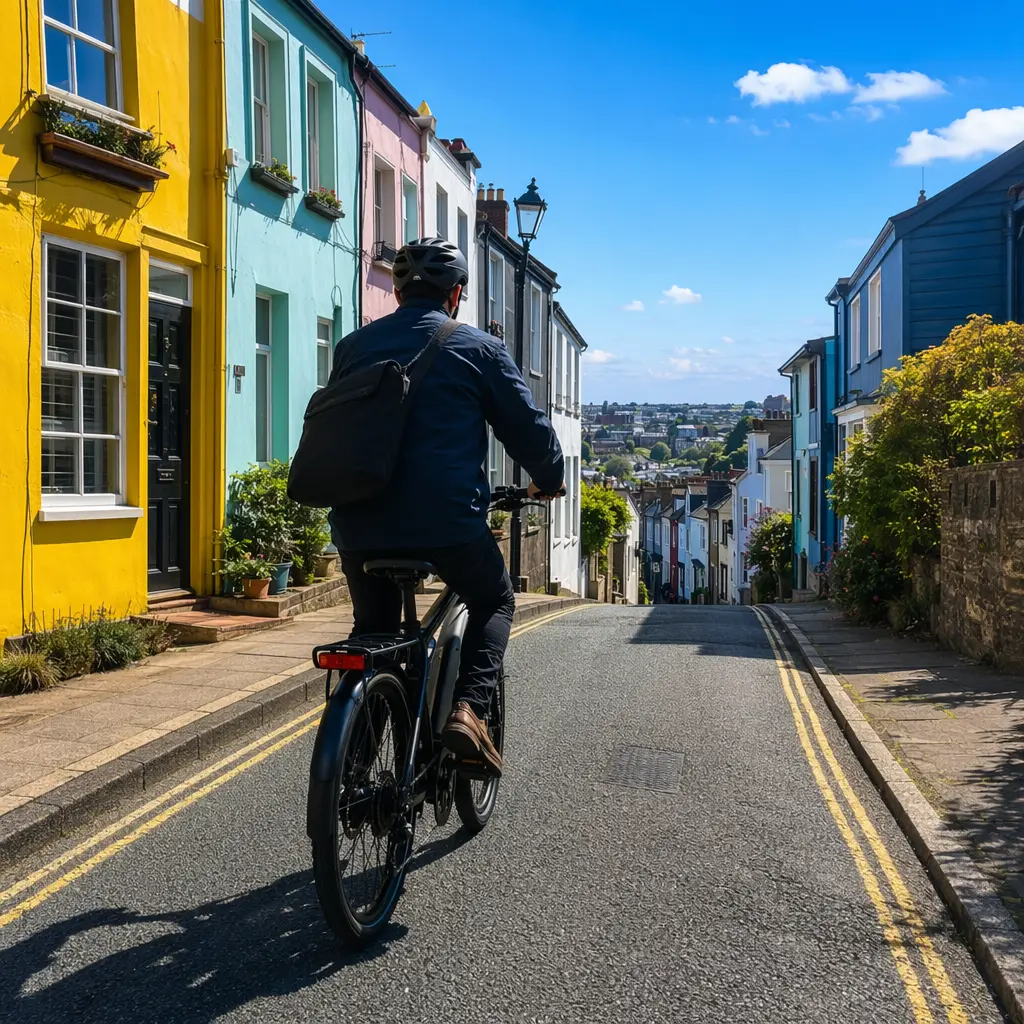Mid-range electric bike tackling a steep urban hill in bright sunlight