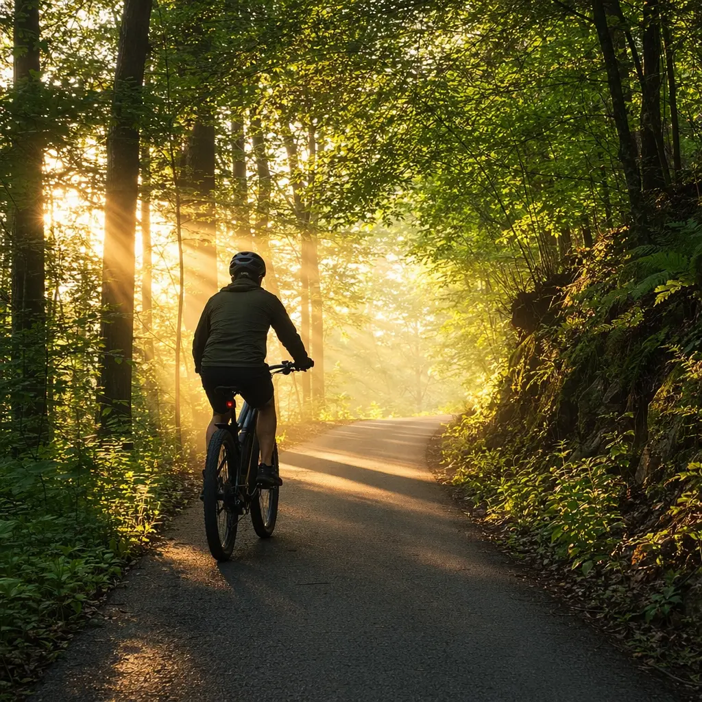 Electric bike riding uphill on a wooded cycle path in warm morning light