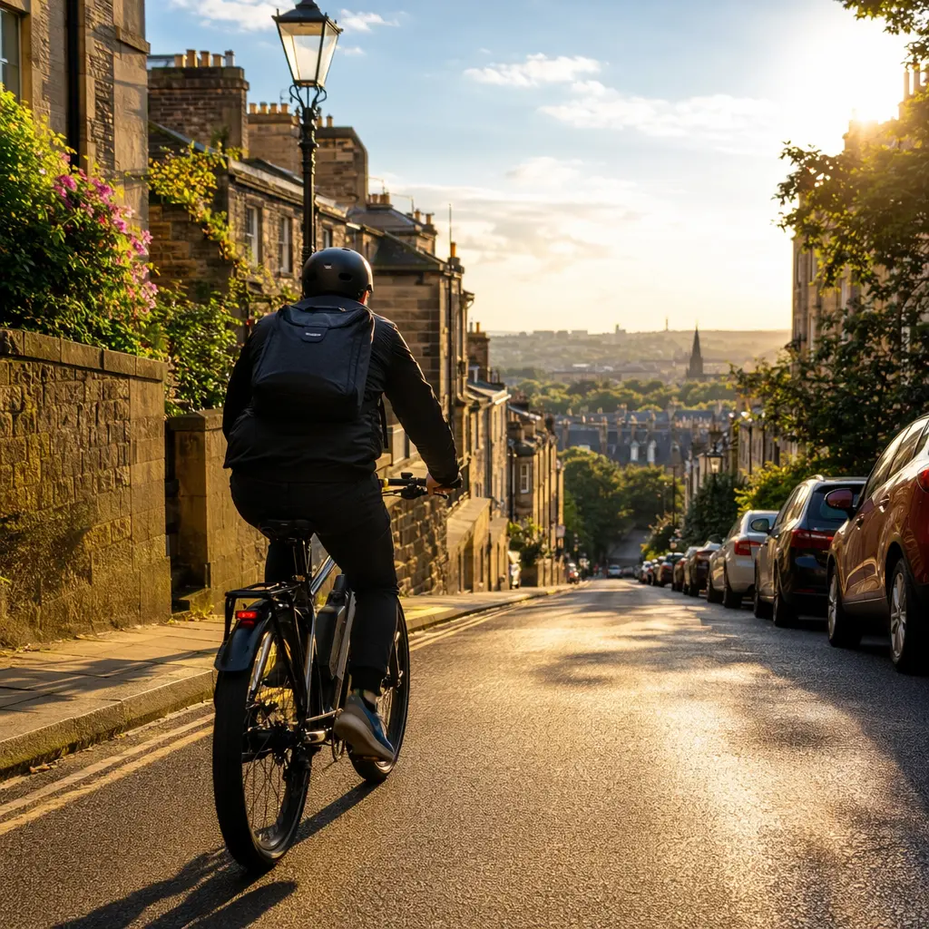 Electric bike climbing a steep city street in warm evening light